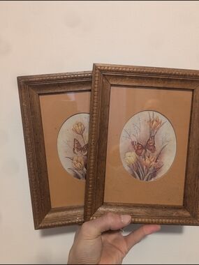 Classic Brown Wood-Framed Butterfly Floral Wall Art (Set of 2)